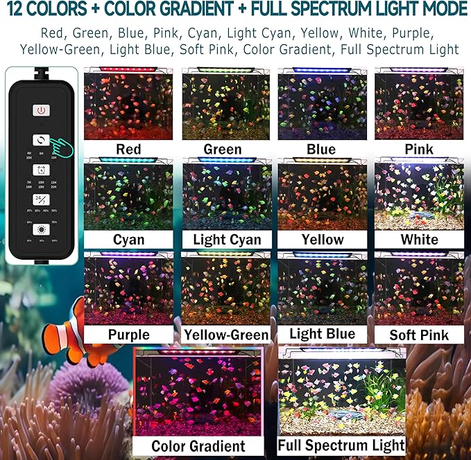24/7 LED Aquarium Light with Remote for 30-36 Inch Plant & Fish Tank IP68, 12-Color & Gradient & Full Spectrum Light with Timer, Auto On/Off, Brightness, Extendable Brackets for Freshwater
