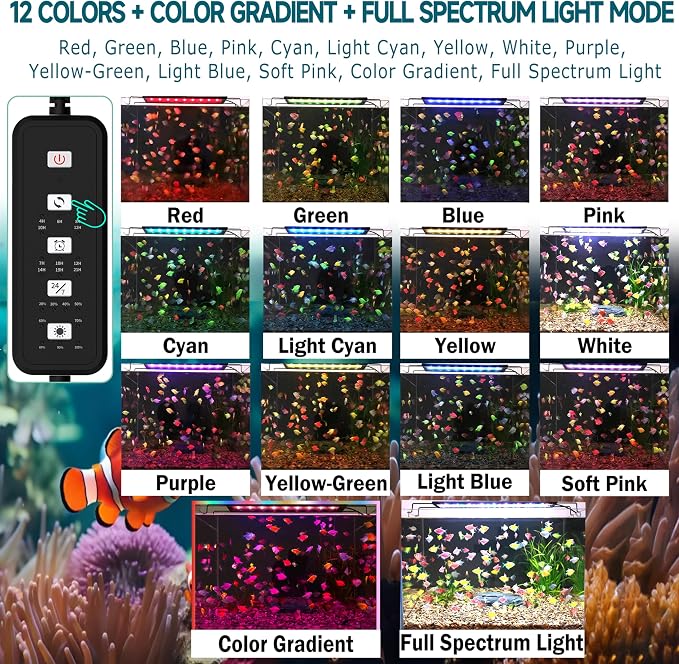 24/7 LED Aquarium Light with Remote for 18-24 Inch Plant & Fish Tank IP68, 12-Color & Gradient & Full Spectrum Light with Timer, Auto On/Off, Brightness, Extendable Brackets for Freshwater