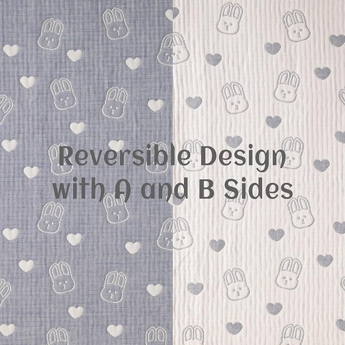 NTBAY 3 Layer Muslin Toddler Blanket, 30 x 40, Blue Rabbit | Breathable Muslin Cotton Outer Layers with Light Thermal Fill, Reversible for Stroller, Daycare, Travel, and Supervised Use