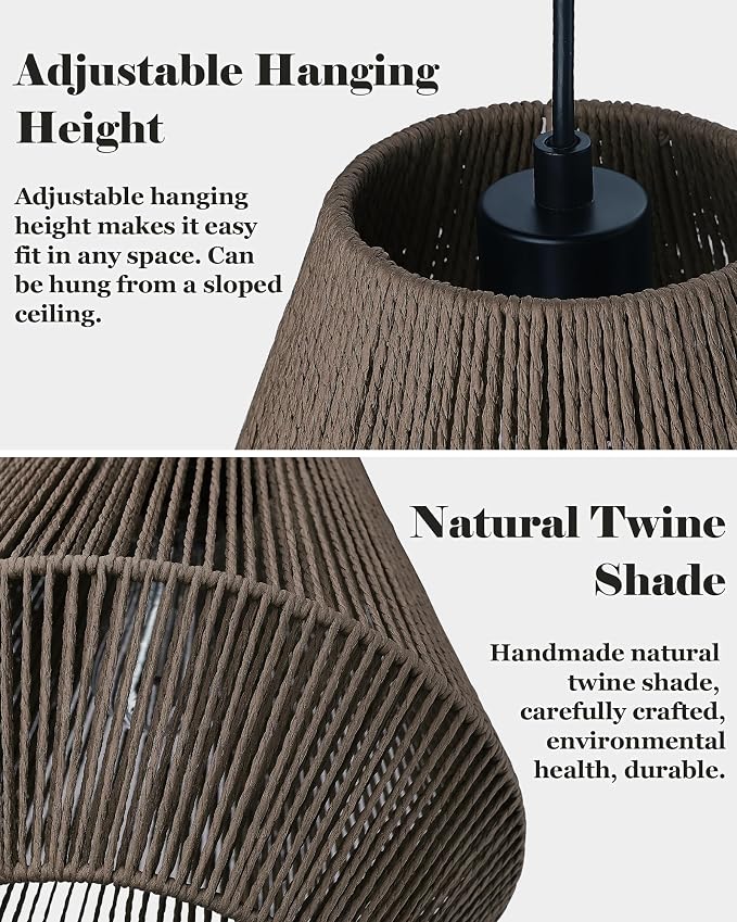 ELYONA 12” Woven Japandi Pendant Light for Kitchen Island Boho Hanging Lamp with Handwoven Rattan Basket Shade Adjustable Pendant Light Fixtures for Dining Room Bar Bedroom Foyer Hallway Dark Brown
