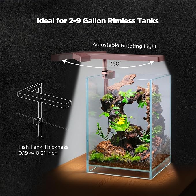 Flat Nano 15W Full Spectrum Aquarium Light, 4 Level Dimmable Plant Light, IP54 Waterproof Freshwater Use Only, Suitable for 2-9 Gallon Rimless Fish Tanks, Terrariums, & Potted Plants, Rose Gold