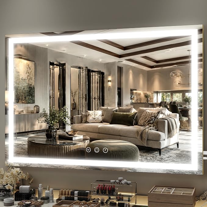 FENNIO Large Vanity Mirror with Lights，40" x 28"Makeup Mirror with Lights，Hollywood Mirror with 3 Color Modes & Adjustable Brightness，Vanity Mirror Square Gold