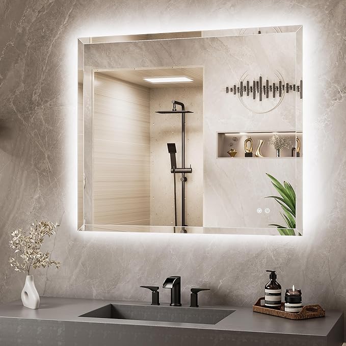 TETOTE 42 x 36 LED Mirror Backlit, Beveled Bathroom Mirror with Backlight, Tempered Glass, 3 Colors Lights, Defogger, Adjustable Brightness, Memory Function, Lighted Mirrors for Bathroom Wall