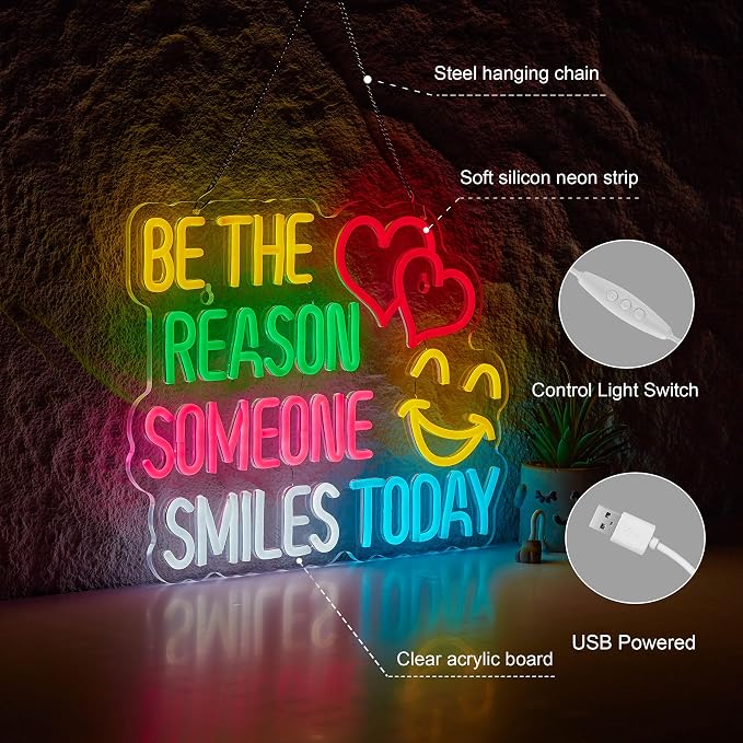 Be The Reason Someone Smiles Today Neon Sign for Wall Décor Motivational Neon Light USB Powered LED Dimmable Inspirational Sign with Classroom Light Decor