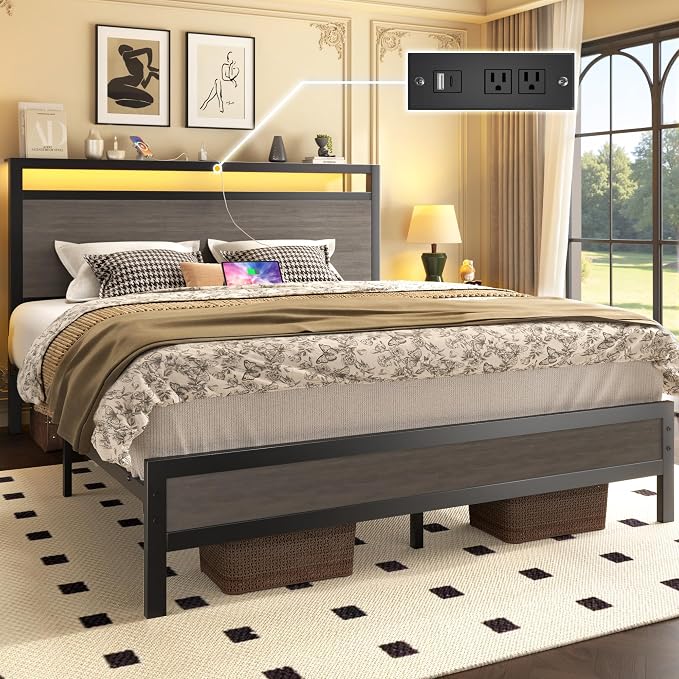 Fluest Queen Bed Frame with Headboard & Footboard, Bed Frame with Built-in Charging Station & LED Light, Storage Shelf, Noise-Free, No Box Spring Needed, Easy Assembly, Rustic Grey