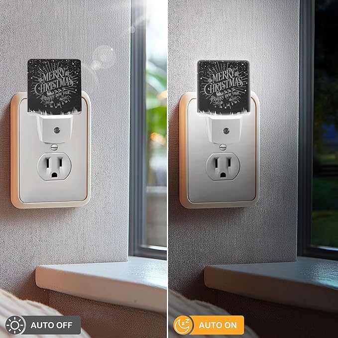 LED Night Light Lamp with Smart Sensor Dusk to Dawn Sensor,Merry Christmas Happy Black White Night Light Daylight White,0.5W Plug-into Wall for Adults,Bedroom,Bathroom,Hallway,Kitchen