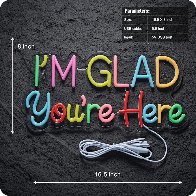I’m Glad You’re Here Neon Sign, Positive Affirmation LED Light for Wall Decor Multicolored Light Up Signs for Classroom Kindergarten Wedding Party Store Home, Compatible with Timer