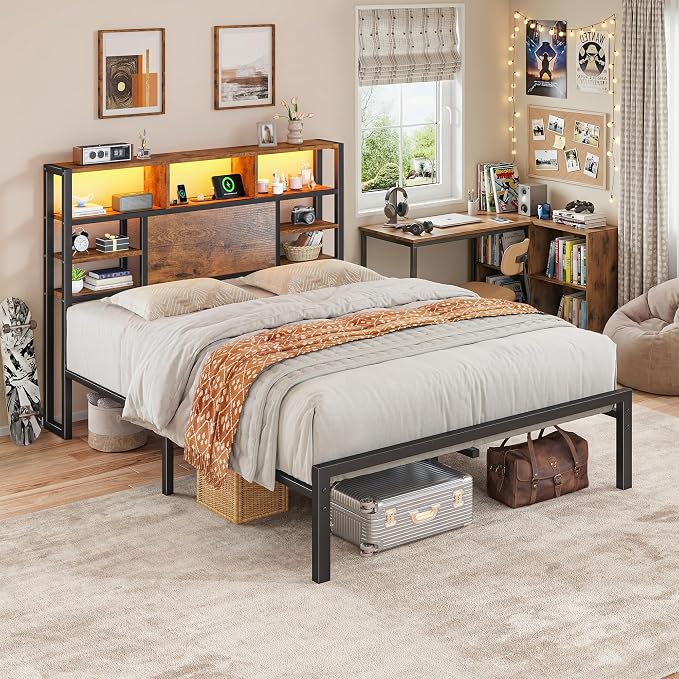 Homkdom Full Bed Frame with Storage Headboard and Charging Station,Brown | LED Lights，12.2" Under-Bed Storage，Supports up to 1100 LBS，No Box Spring Needed，Easy Assembly