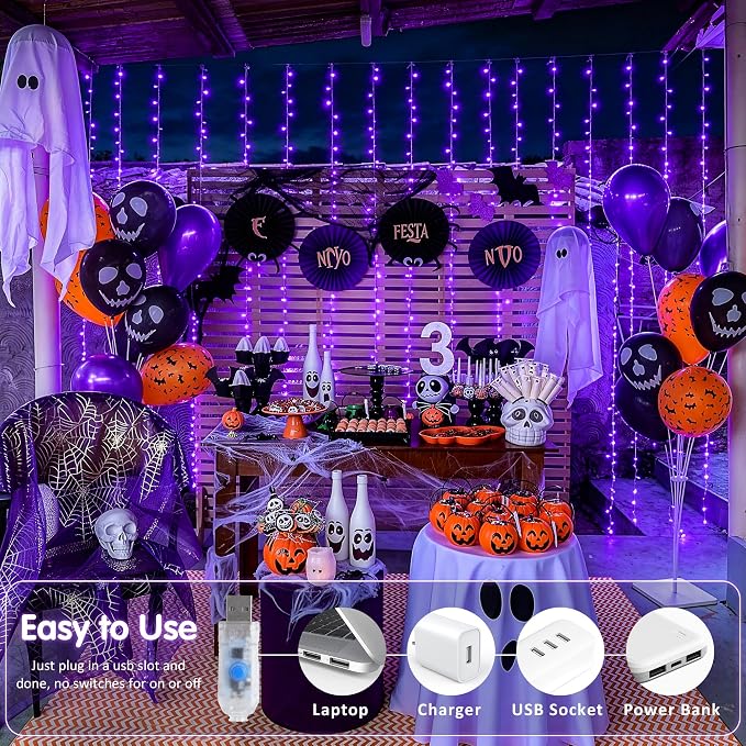 JMEXSUSS 200 LED USB Purple Halloween Lights, 6.5ft x 6.5ft | Halloween Curtain Lights with Remote, 8 Modes Purple Curtain String Lights for Bedroom Party Halloween Decorations