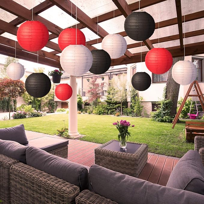 Tenare 12 Pcs Traditional Round Paper Wedding Lantern 4 Size 4, 6, 8, 10 Inch Decorative Ball Hanging Chinese Japanese Paper Lantern for Birthday Party(Black, White, Red)