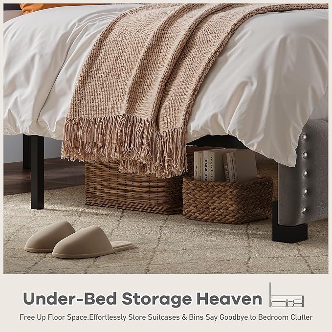 EnHomee King Size Bed Frame with LED Lights & USB, Noise-Free, Grey | Adjustable Velvet Headboard，Under-Bed Storage，Heavy Duty Support with 12 Slats，No Box Spring Needed，Easy Assembly for Bedroom
