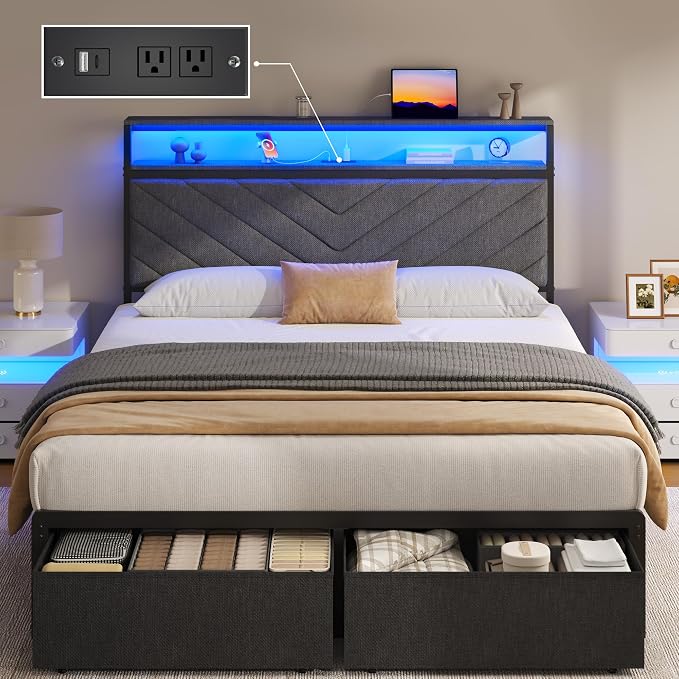 Fluest Full Bed Frame with 2 Drawers, Upholstered Headboard with Storage and Charging Station, LED Lights, Fabric Drawers with Wheels, Under Bed Storage, No Box Spring Needed, Easy Assembly, Grey