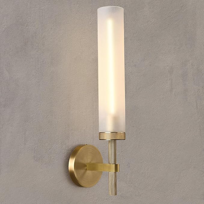 20" Knurled Brass Bathroom Wall Sconces,Frosted Glass Tube Brass Sconces Wall Lighting,Handmade Modern Hardwired Wall Sconce for Vanity,Mirror,Bedroom,Living Room,Hallway