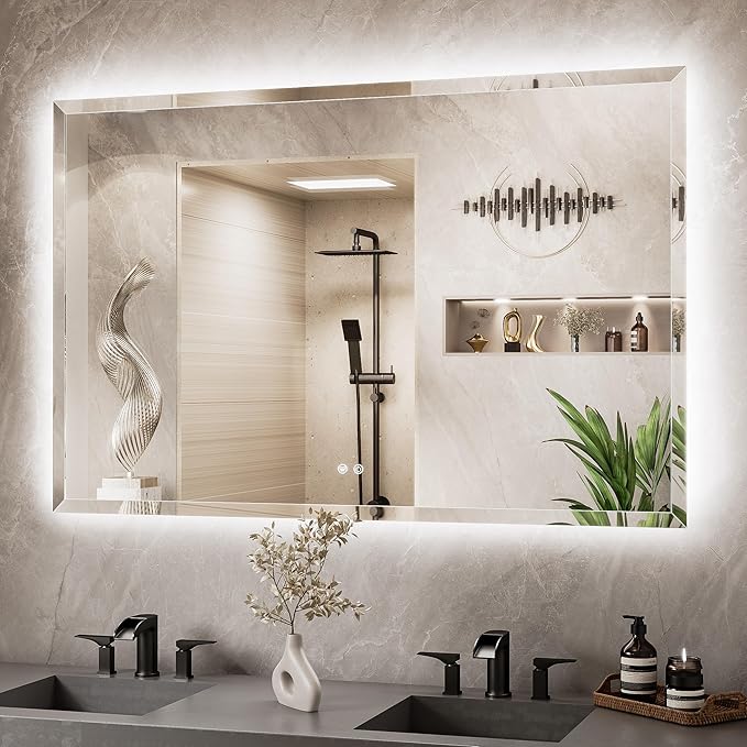 TETOTE 55 x 36 Backlit Bathroom Mirror, Frameless LED Mirror for Bathroom, Tempered Glass, 3 Colors Lights, Defogging, Adjustable Brightness, Smart Bathroom Mirror, Lighted Mirrors for Bathroom Wall