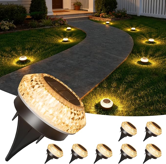 VOLISUN Solar Ground Lights Outdoor,8 Pack Flat Solar Pathway Lights | IP67 Waterproof Solar Powered Disc Lights,Landscape Lighting for Garden Yard Walkway Patio Driveway,Warm White
