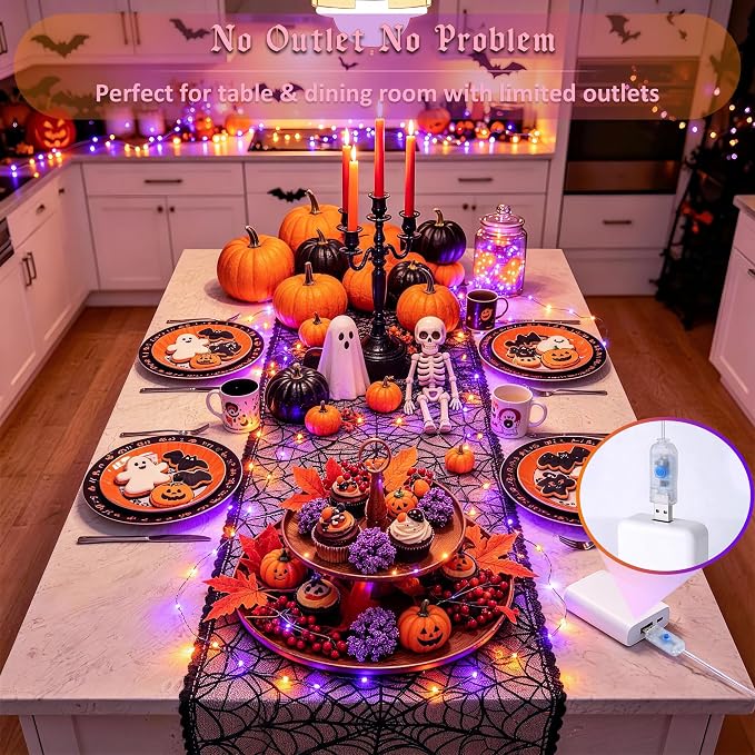 JMEXSUSS 100 LED Orange and Purple Fairy Halloween Lights USB Powered | 8 Modes Timer Plug in Indoor Outdoor Remote Control for Fireplace Room Tree Car Roof Patio Party Halloween Decorations