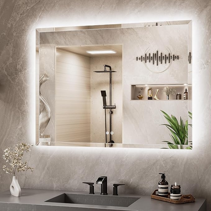 TETOTE 48 x 36 LED Mirror Backlit, Beveled Bathroom Mirror with Backlight, Safe Tempered Glass, 3 Color Temperature, Defogger, Dimmable, Memory Function, UL-Listed, Wall-Mounted Vanity Mirrors