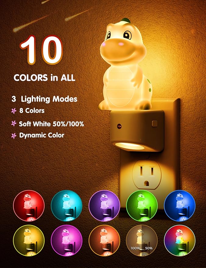 L LOHAS LED Night Light for Kids, 3D Dinosaur Night Light Plug in | Dusk to Dawn Nursery Night Lights, RGB+Soft White 3000K, 3 Lighting Modes, Room Decor, Children