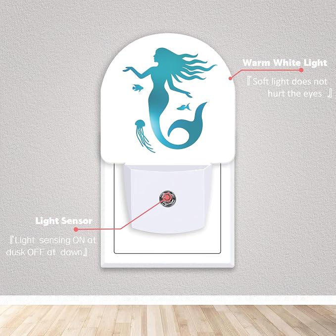 Green Mermaid Jellyfish Night Lights Plug into Wall for Girls Boys Room,Night Light LED Lamp Dusk to Dawn Sensor Round Lamp for Bedroom Bathroom Hallway Home Wall Decor