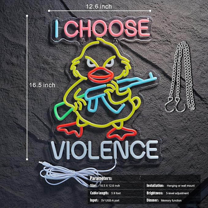 I Choose Violence Duck Neon Sign Goose Gun LED Light AK 47 Decor, USB Powered Dimmable Morale Art Signs for Pub Store Man Cave Room 16.5 X 12.6 inch