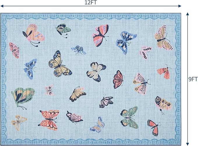 GarveeHome Butterfly Area Rug 9x12, No Slip Washable Rug, Modern Bedroom Rug Under Bed Ultra Carpet, Low-Profile Rugs for Living Room Bedroom Dining Room, Light Blue