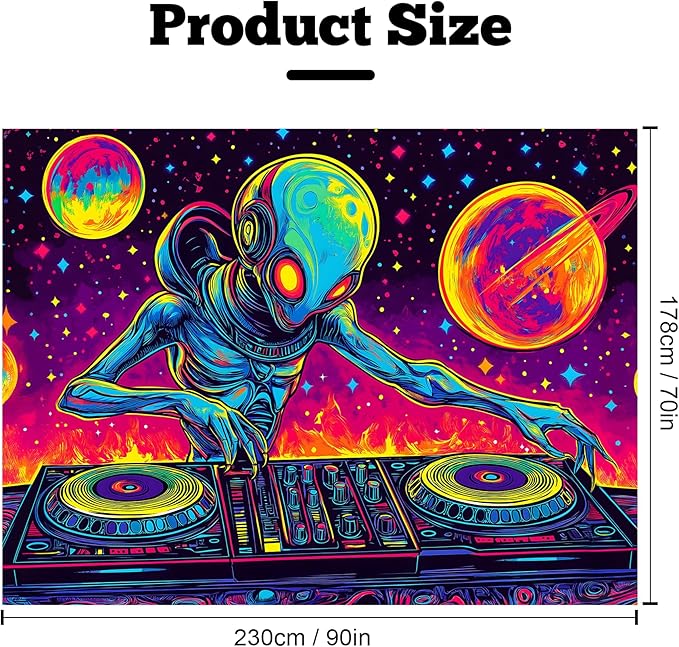 BVBOX Blacklight Space Astronaut Tapestry UV Reactive Galaxy Planet Glow in Dark Tapestries Black Light Poster Neon Wall Hanging Art for bedroom Living Room (Alien1-3M)