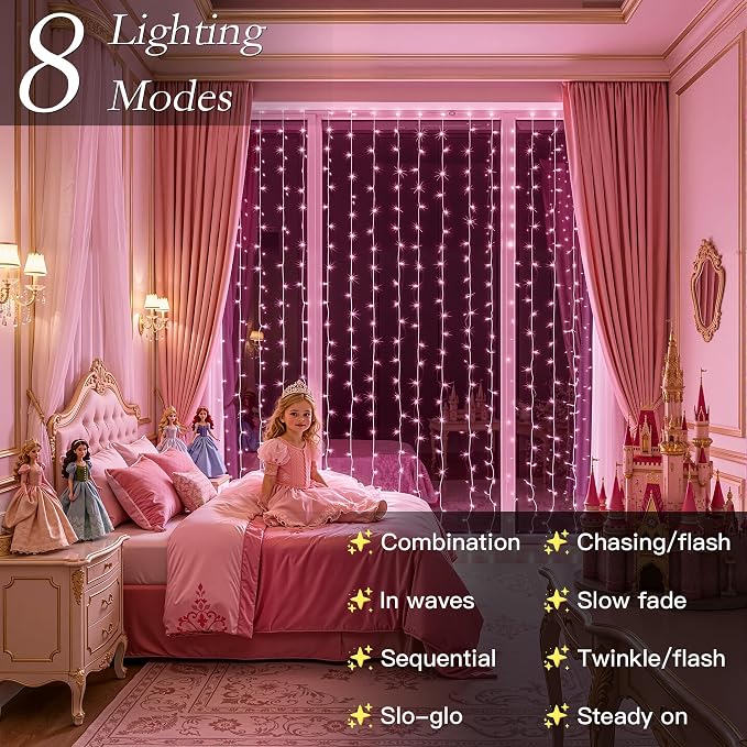 200 LED Pink Curtain String Lights 9.8x6.6FT, Plug in Fairy Lights, 9 Hooks, Dimmable Timer 8 Modes, IP44 Waterproof, Princess Girls Bedroom Wall Wedding Party Birthday Indoor Decor