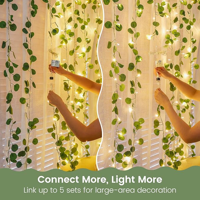 HEYFUNi 23FT Eucalyptus Garland with String Lights, Plug in | 73 Leds, Timer & Memory & 8 Modes, Greenery Eucalyptus Leaf Vine Lights for Bedroom, Wall, Wedding, Party, Summer Dorm Decor