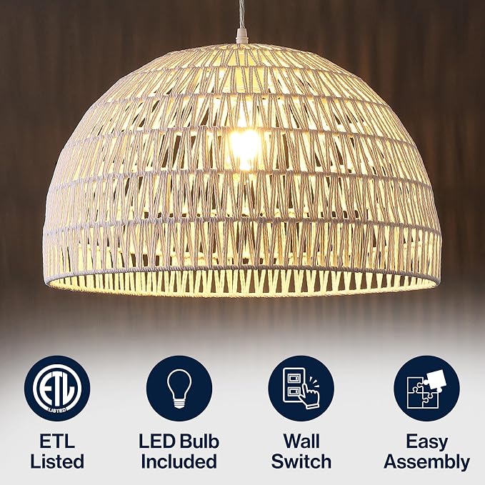JONATHAN Y Campana 1-Light Pendant Dome Ceiling Lamp, 20", White | Modern Coastal Farmhouse Decor, Adjustable Height, Woven Rope Metal Frame, LED Bulb Included, UL Listed