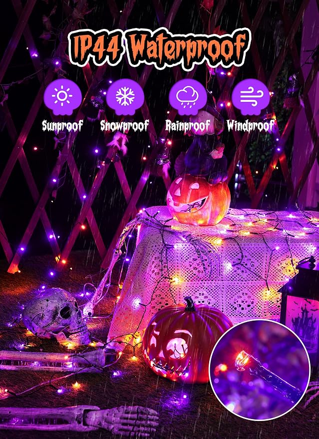 Minetom Solar Halloween Lights Outdoor, 40FT 100 LED Halloween String Light | Black Wire Halloween Decoration Outdoor with 8 Modes, Waterproof Solar String Lights for Outside Tree Yard, Orange & Purple