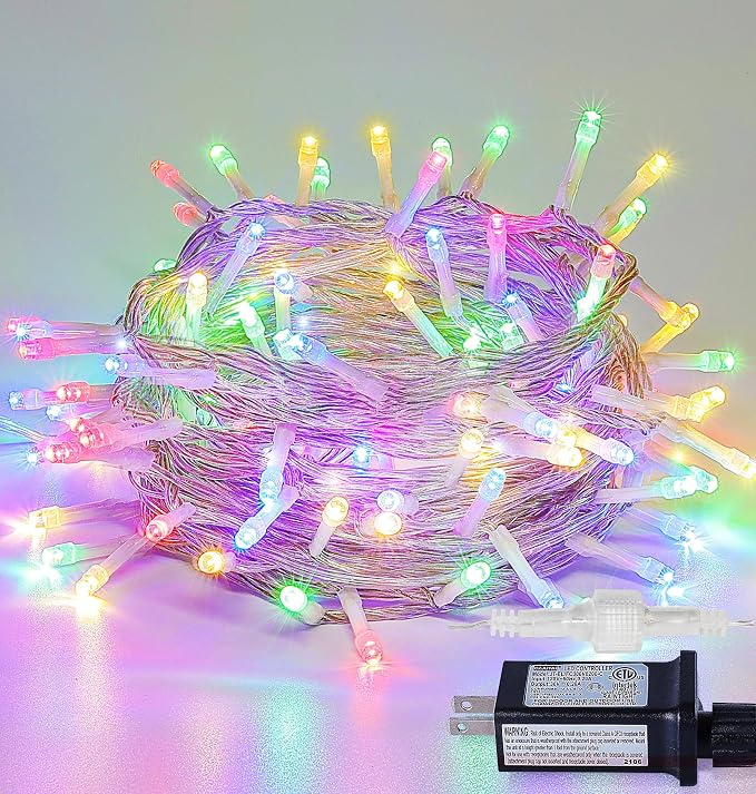 33FT 100 LED Multicolor Christmas Fairy Twinkle String Lights Indoor | 8 Modes with Memory, Connectable, IP65 Waterproof, Transparent Wire, Up to 5 Sets, Widely use for Classroom, Bedroom, dorm