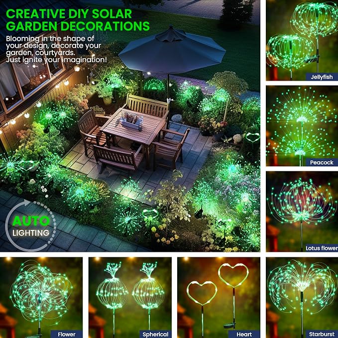 GIGALUMI 4 Pack Solar Firework Lights Outdoor, Halloween Decor, Green | 120 LEDs, Fairy Design, Waterproof, Garden Decor, Solar Powered for Yard, Pathway, Flowerbed, Planter, Balcony, Gifts for Mom