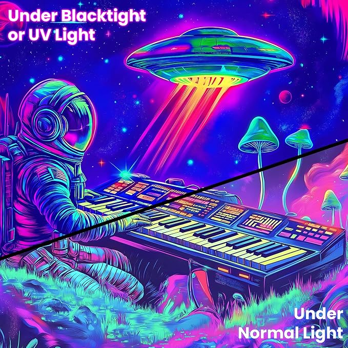 BVBOX Blacklight Space Astronaut Tapestry UV Reactive Galaxy Planet Glow in Dark Tapestries Black Light Poster Neon Wall Hanging Art for bedroom Living Room (Astronaut Play the Keyboard-3M)
