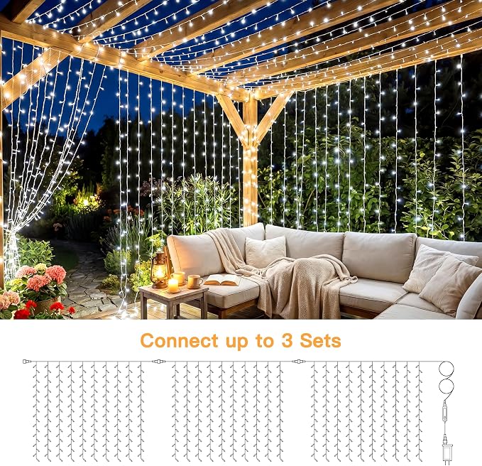 Ollny Curtain Lights 6.6x6.6ft, Plug in String Lights for Indoor Bedroom, 200 LED Connectable Fairy Light with Remote Timer 8 Modes, Waterproof Christmas Light for Outdoor Wedding, Cool White