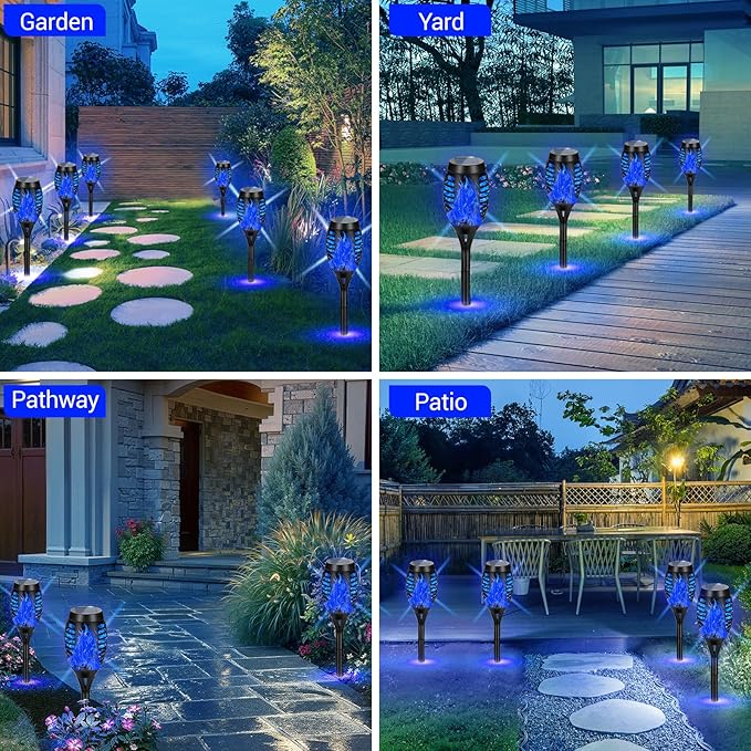 10 Pack Outdoor Solar Lights Blue Flickering Flame Solar Torch Lights | Realistic Flame Effect, IP65 Waterproof & Auto On/Off, Upgraded LED Torches for Outside Patio Yard Garden Pathway Decor