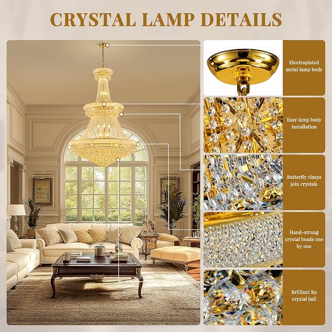 42'' W Luxury 3-Tier Empire Crystal Chandelier, 36 LED Bulbs, 480 Hand-Strung K9 Crystals (4 Spares), 79-Inch Adjustable Chain, Ideal for Foyer, Staircase, Double-Height Living Room (Gold)