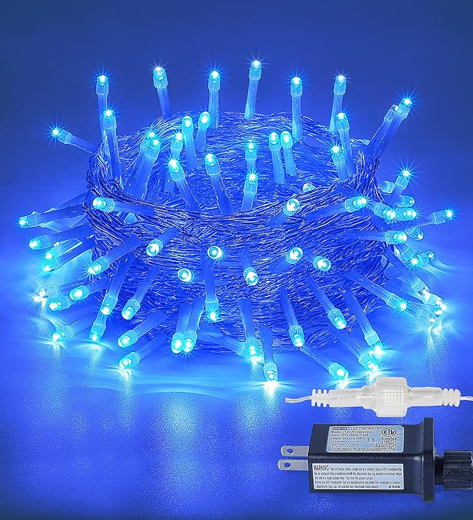 33FT 100 LED Blue Christmas Twinkle String Lights Indoor Outdoor | 8 Modes with Memory, Connectable, IP65 Waterproof, Transparent Wire, Up to 5 Sets, Widely use for Classroom, Bedroom, dorm