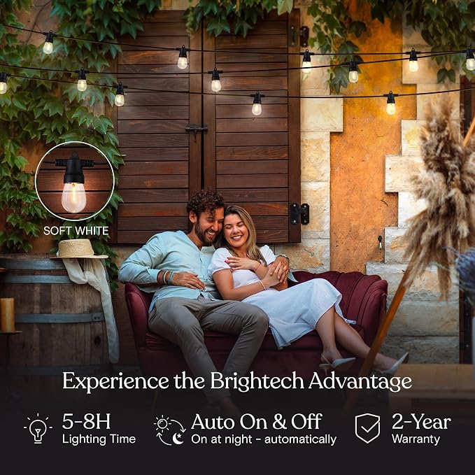 Brightech Ambience Hybrid Outdoor String Lights - Dual Plug and Solar Powered Waterproof LED Light String for Outside - 27 Ft, Soft White Edison Bulbs, for Camping, Patio, Cafe, Yard, Porch