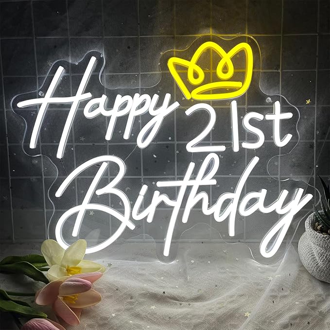 21st Happy Birthday Neon Sign, 16.9 x 13 Inch Birthday Neon LED Signs, Dimmable Neon Happy Birthday Light for Wall Decor, Birthday Light Up Sign Party Decoration for Home Club Bar Pub Anniversary