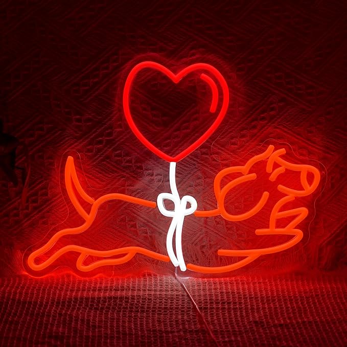 Dachshund Heart-Shaped Balloon Neon Sign Cute Puppy with Red Balloon Neon Light Adorable Dog Light Up Sign for Wall Decor Pet Store Pub Bedroom Party