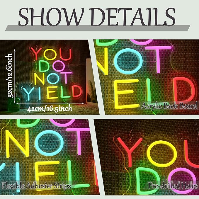 You Do Not Yield Neon Sign for Wall Decor Colorful Letter Neon Light Dimmable Inspirational LED Light Up Sign for Bedroom House Gym Club Party