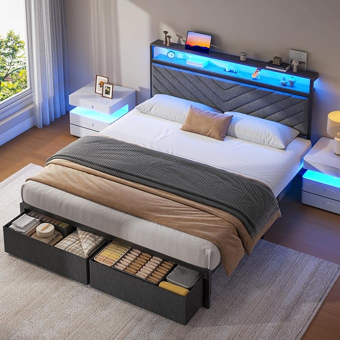 Fluest Queen Bed Frame with 2 Drawers, Upholstered Headboard with Storage and Charging Station, LED Lights, Fabric Drawers with Wheels, Under Bed Storage, No Box Spring Needed, Easy Assembly, Grey