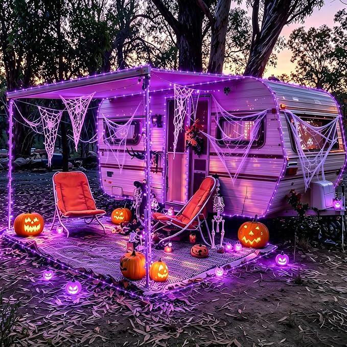 YEGUO Solar Halloween Lights, 2 Packs Each 33ft 100 LED String Lights Outdoor Waterproof, 8 Modes Fairy Lights in Clear Thin Tube for Camping Fence Patio Garden Trampoline Deck(Purple)