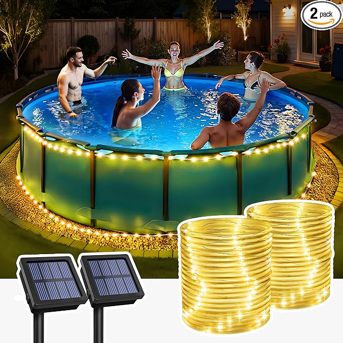 GIGALUMI 2 Pack Solar Rope Lights Outdoor Waterproof, Warm White | Total 72FT 200LED, 8 Modes IP65, Solar Fairy Lights for Outside Tree Fence Railing, Decorative Lighting for Patio Yard Porch
