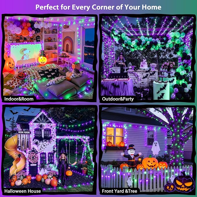 JMEXSUSS 200 LED Purple Green Halloween Lights Indoor Outdoor,Christmas Lights Clear Wire Plug in for Halloween Tree Decorations