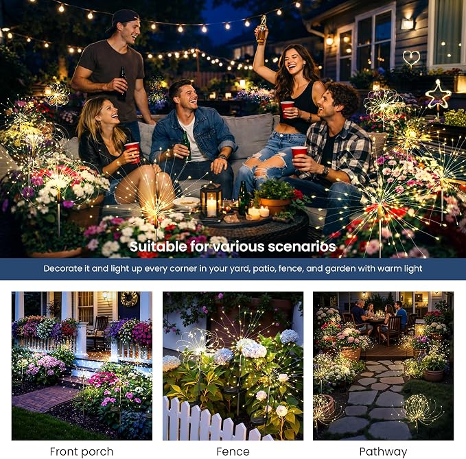 4Pack Solar Lights Outdoor, 120LED Firework Lights | Fireworks Lights Solar Powered, Waterproof Fairy Garden Lights Decor Outside for Yard Pathway Lawn Patio(Warm White)