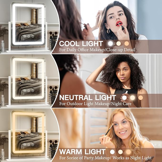 FENNIO Vanity Mirror with Lights - 15"x12.6" LED Lighted Makeup Mirror, Large Makeup Mirror with Lights, Touch Screen with 3-Color Lighting, Dimmable, for Vanity Desk Tabletop, Bedroom