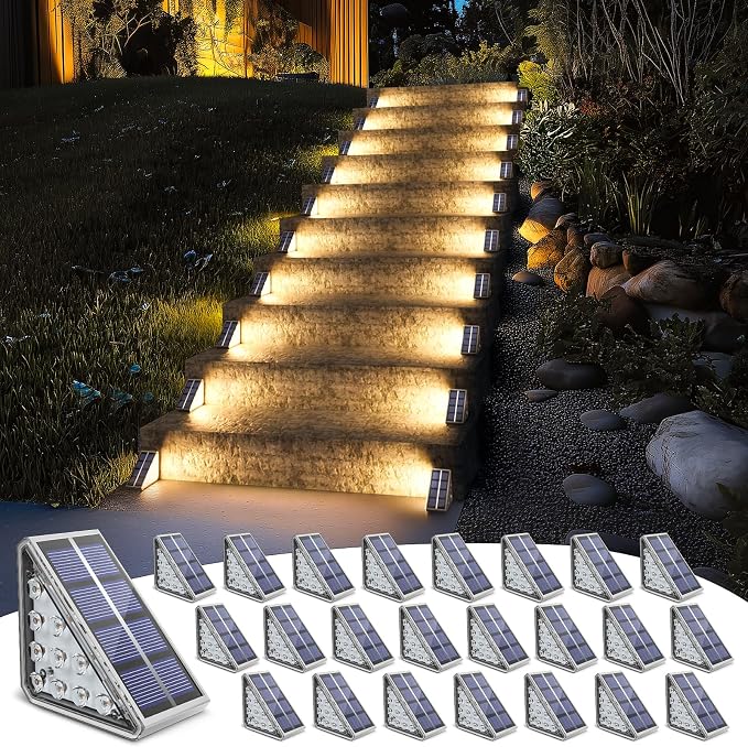 Outdoor Step Lights, 24 Pack Solar Stair Lights Outdoor Waterproof IP67 Auto On Off, Solar Lights for Steps,Stair,Patio,Yard,Porch,Front Door,Sidewalk,Deck Decor,Warm White