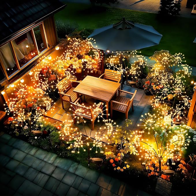 2 Pack Solar Garden Lights Outdoor Waterproof, New Upgraded 6 Branches Firework Starburst Lights with 2 Modes, Solar Fairy Lights for Yard Garden Patio Pathway Party Decor - Warm White