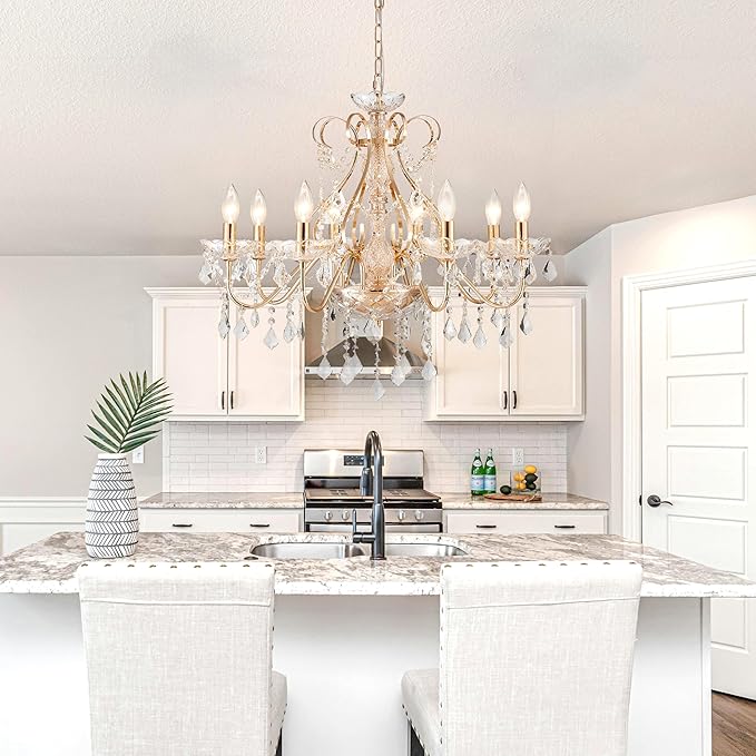 Saint Mossi Gold Crystal Chandelier for Dining Room, 8-Light Modern Chandelier Pendant Light, Gold Crystal Raindrop Chandelier for Bedroom, Living Room, Foyer